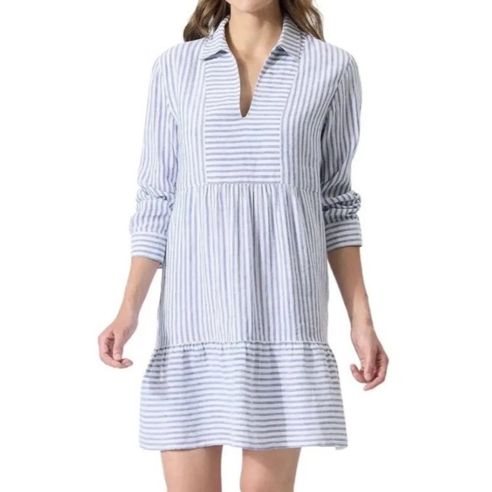 Tommy Bahama St. Lucia linen blend stripe collar ruffle hem pocket dress Sz M